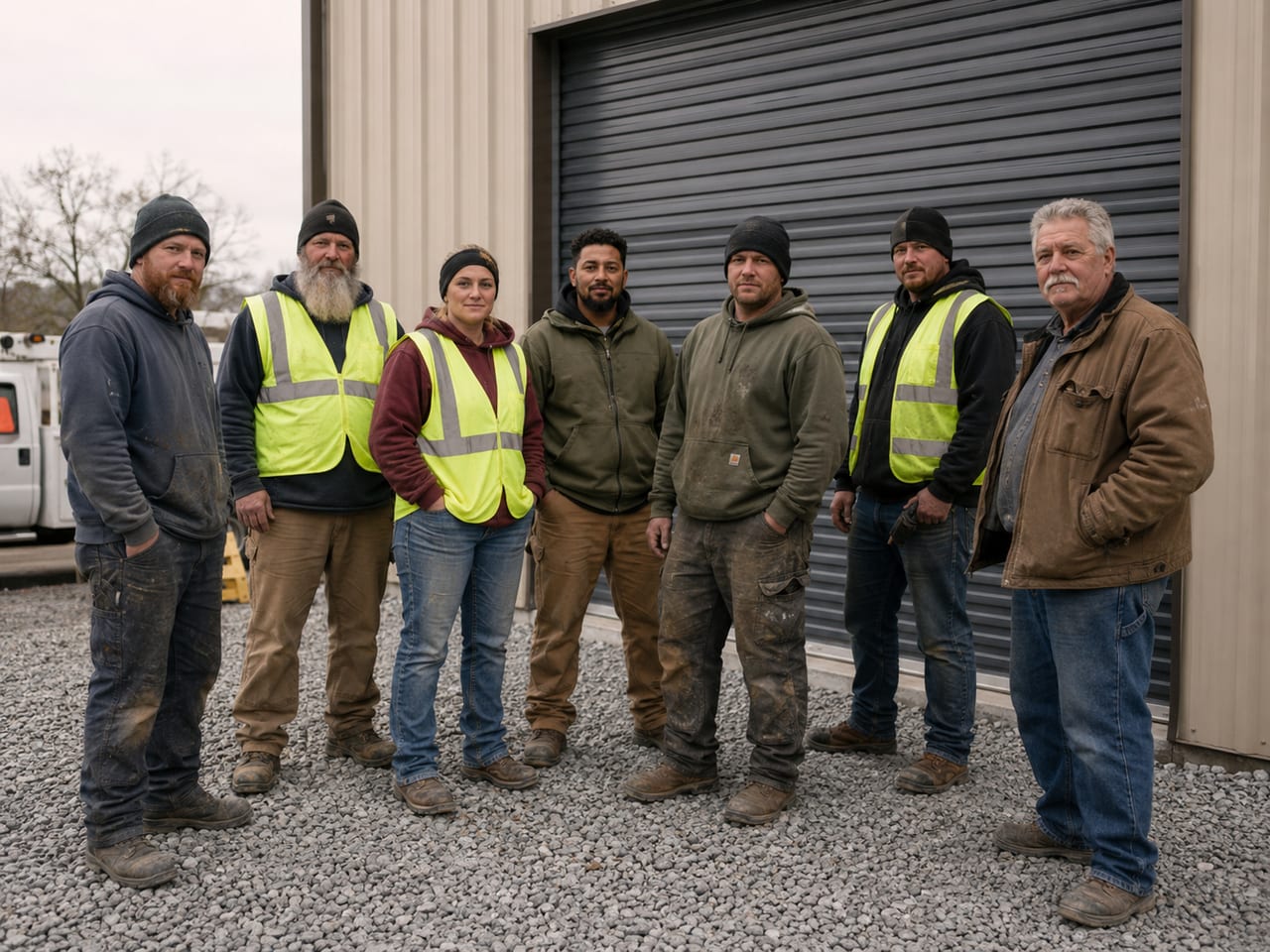 An installation crew standing outside a metal building fitted with a steel roll-up door.