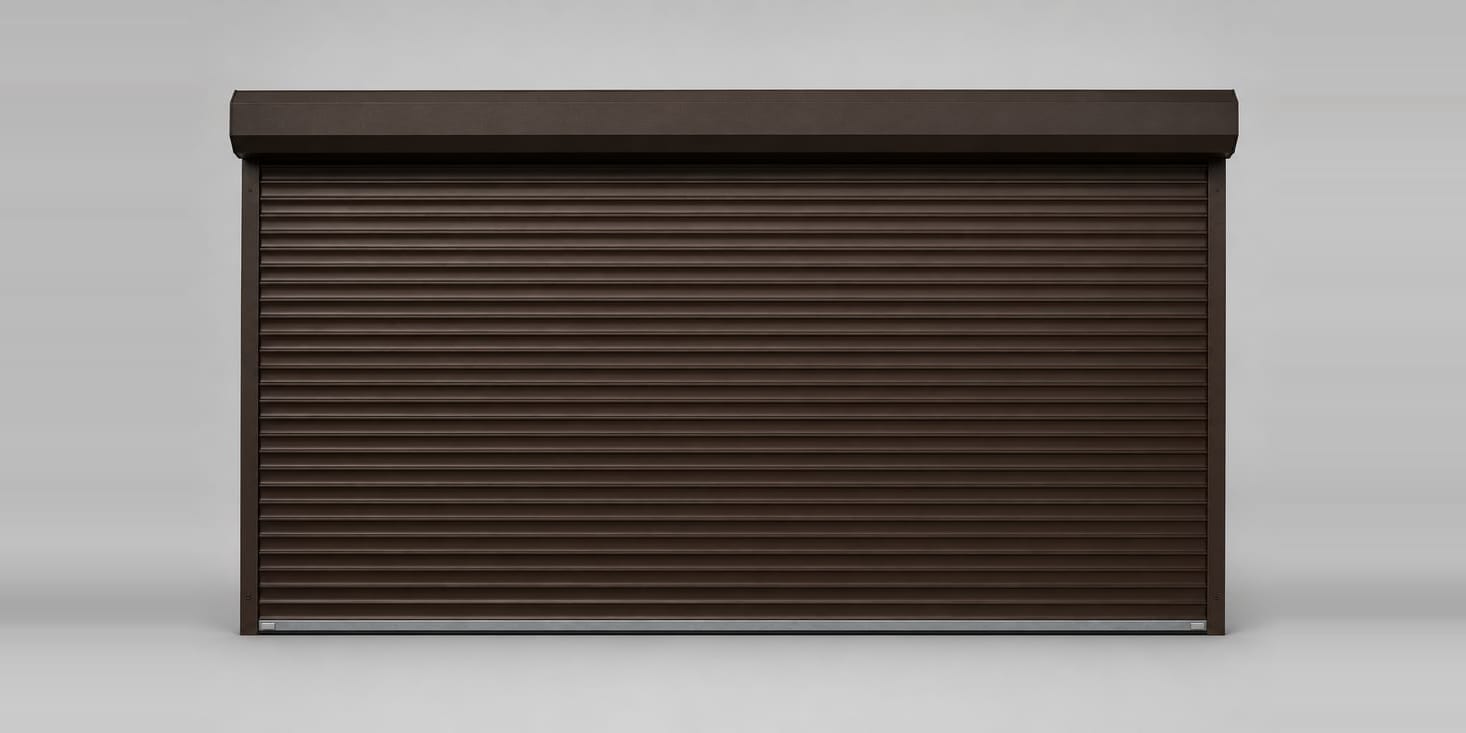 A dark brown steel roll-up door with deep horizontal ribs.