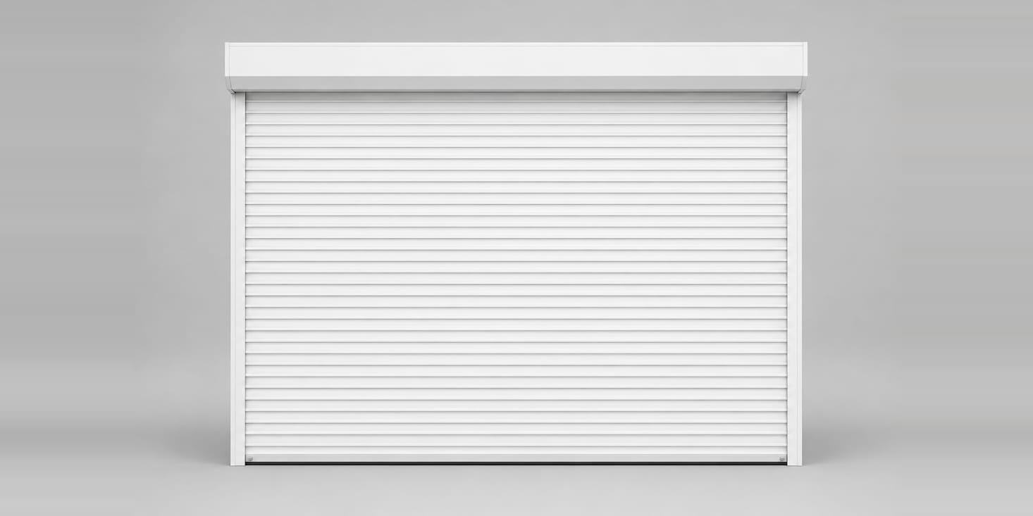 A white steel roll-up door with fine horizontal slats.